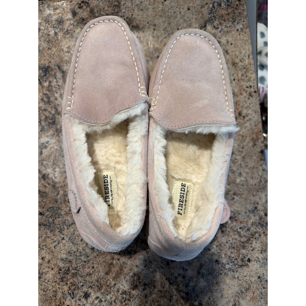 Fireside by Dearfoams Pink Suede Shearling Moccasin Slippers Womens 9 EU 40‎